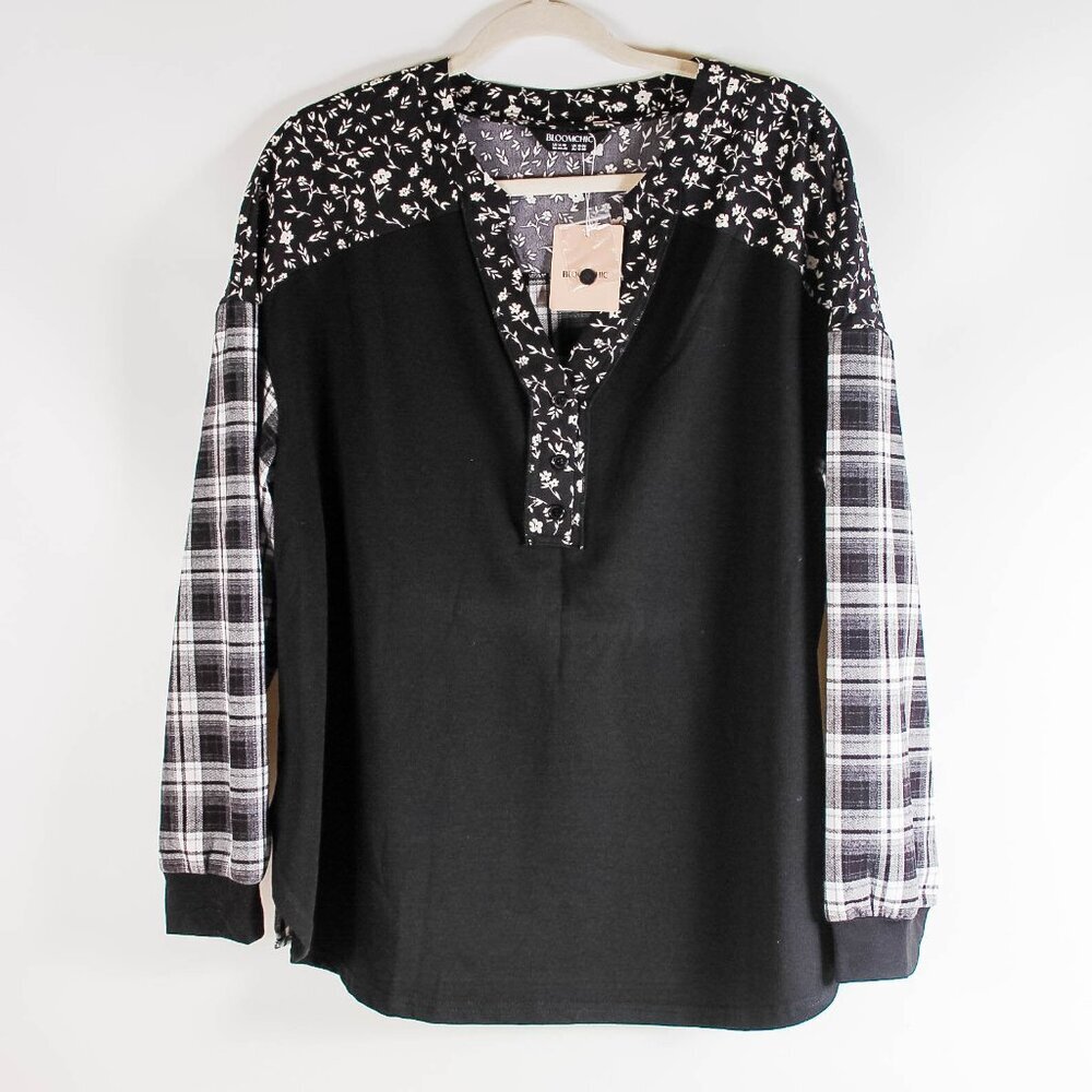 Bloomchic Black Mixed Print Top Size 14/16 Floral Plaid Contrast Long Sleeve